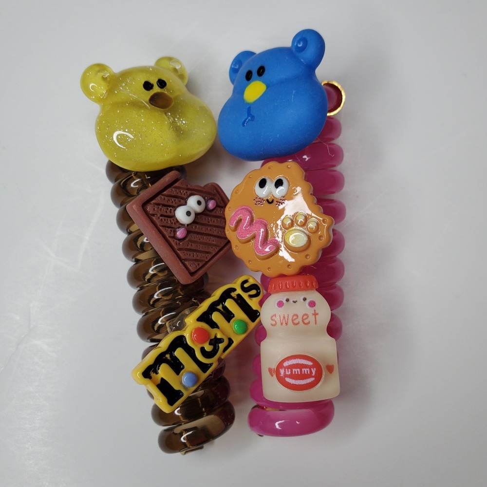 2pc Set Spiral Hair Clips Brown Pink 3D Snack Charms Bear Cookie Candy Y2K Style